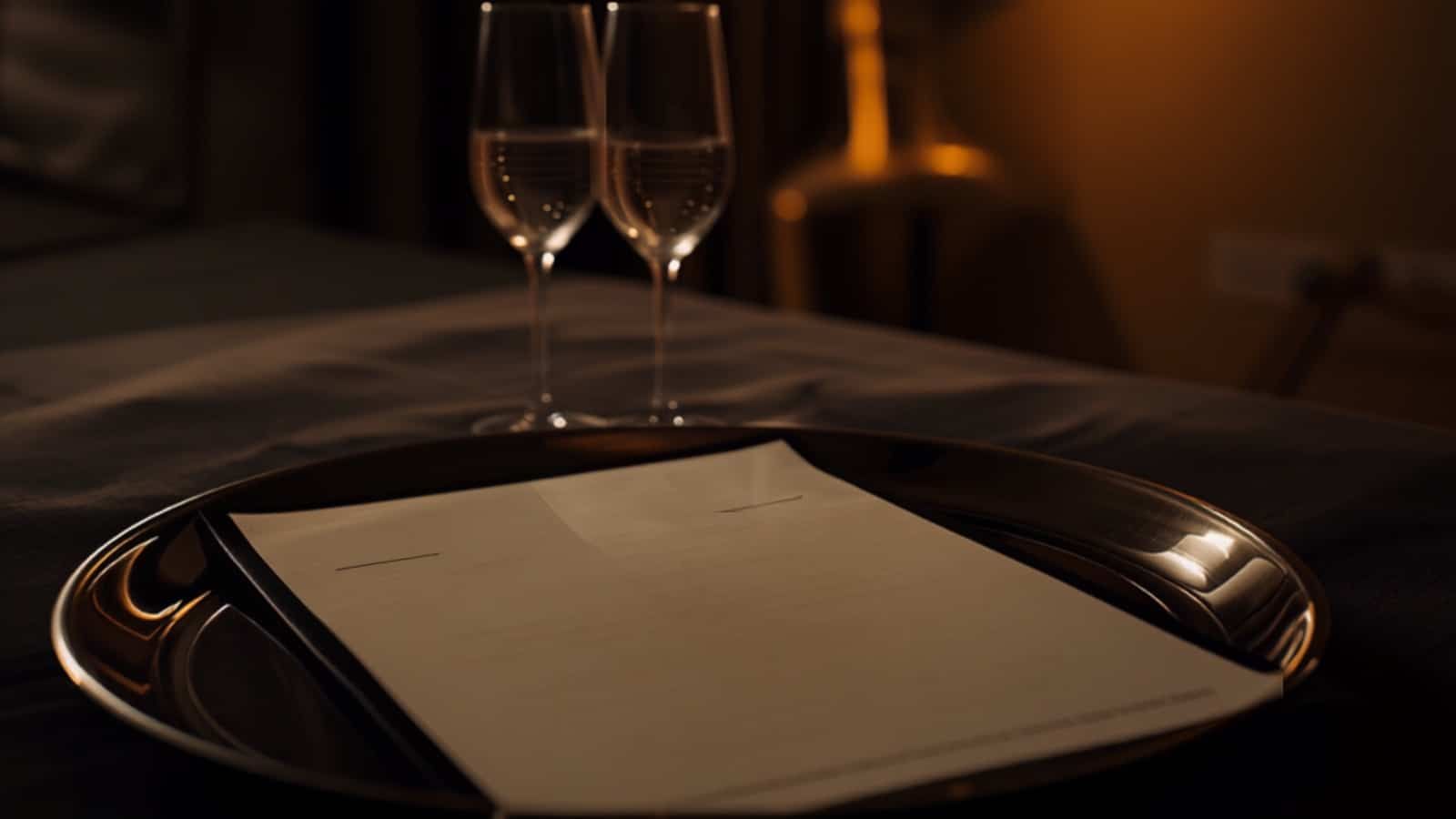 Carte de room service sur un plateau avec deux coupes de champagne